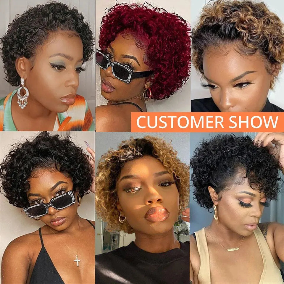 Brazilian Water Wave Curly Short Pixie Cut Remy Hair 13x1 Transparent Lace Front Wig