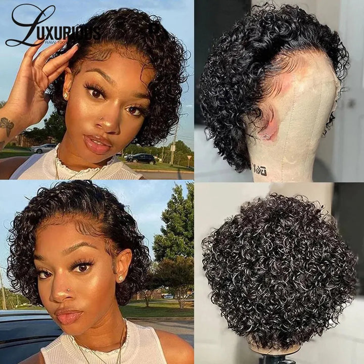Brazilian Water Wave Curly Short Pixie Cut Remy Hair 13x1 Transparent Lace Front Wig